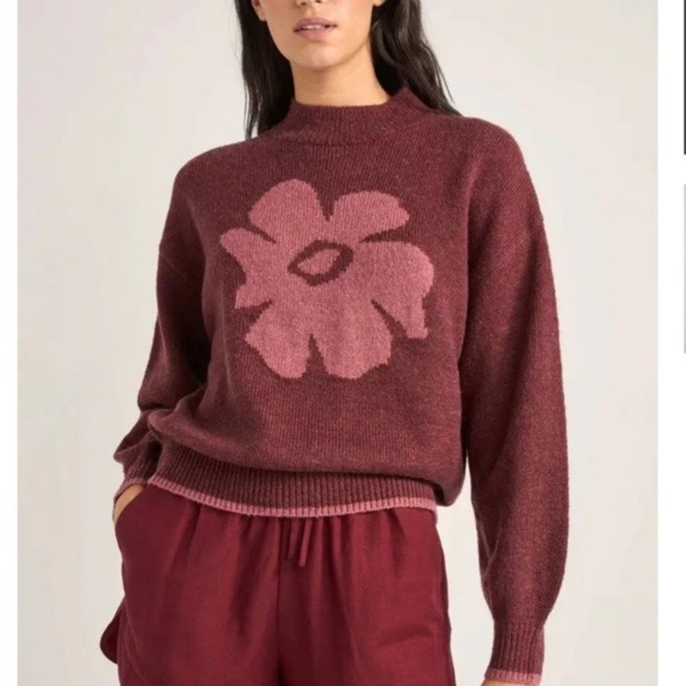 Rhythm Womens Juliet Floral Mock Neck Boho Knit Jumper Sweater Burgundy Size S